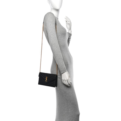 Saint Laurent Grain De Poudre Matelasse Chevron Monogram Envelope Chain Wallet Black 2 of 12