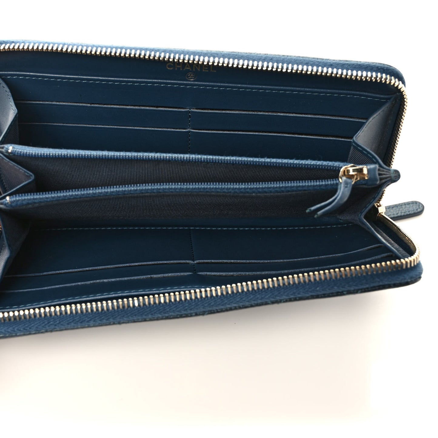 Metallic Caviar Quilted Large Gusset Zip Around Wallet Dark Blue