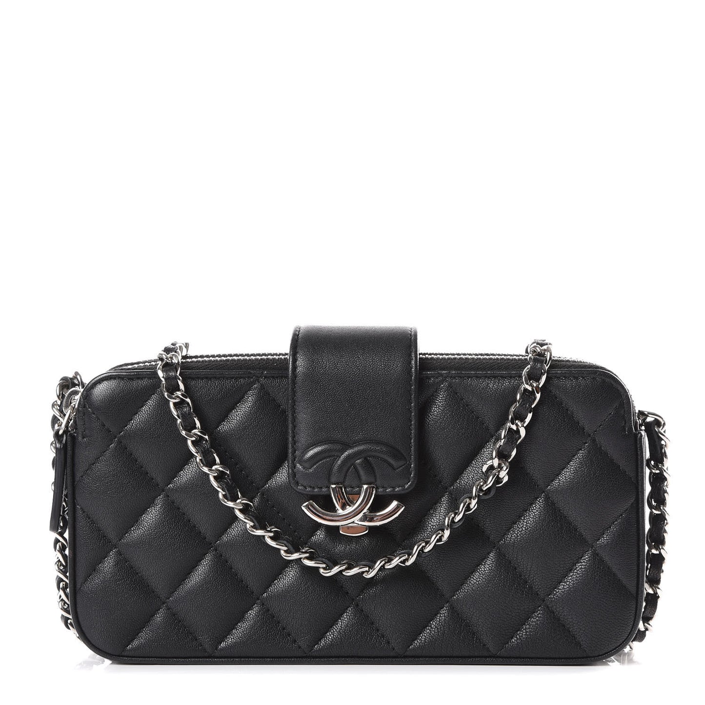 Lambskin Quilted CC Box Clutch With Chain Black