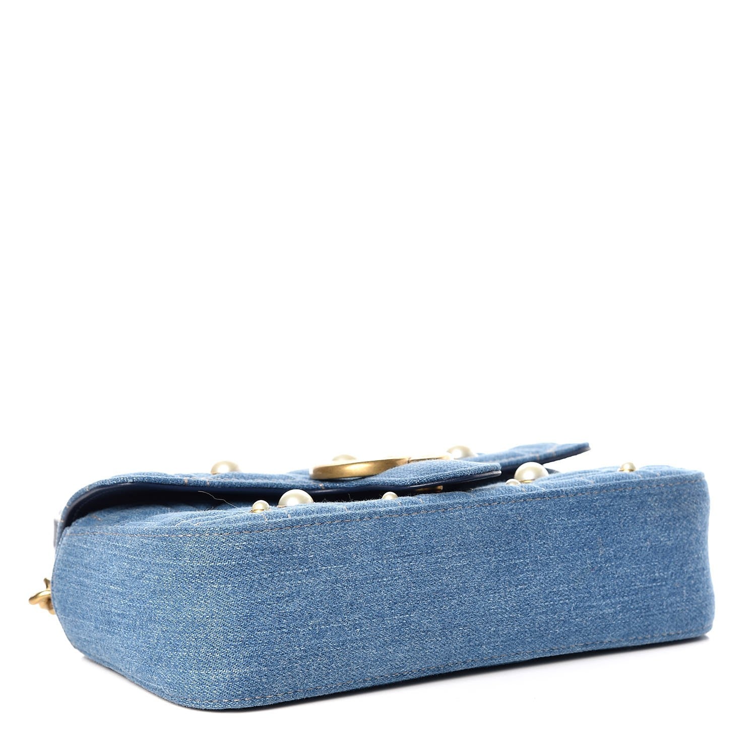 Gucci Denim Matelasse Pearl Studded Mini GG Marmont Shoulder Bag Blue 4 of 8