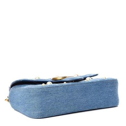 Gucci Denim Matelasse Pearl Studded Mini GG Marmont Shoulder Bag Blue 4 of 8