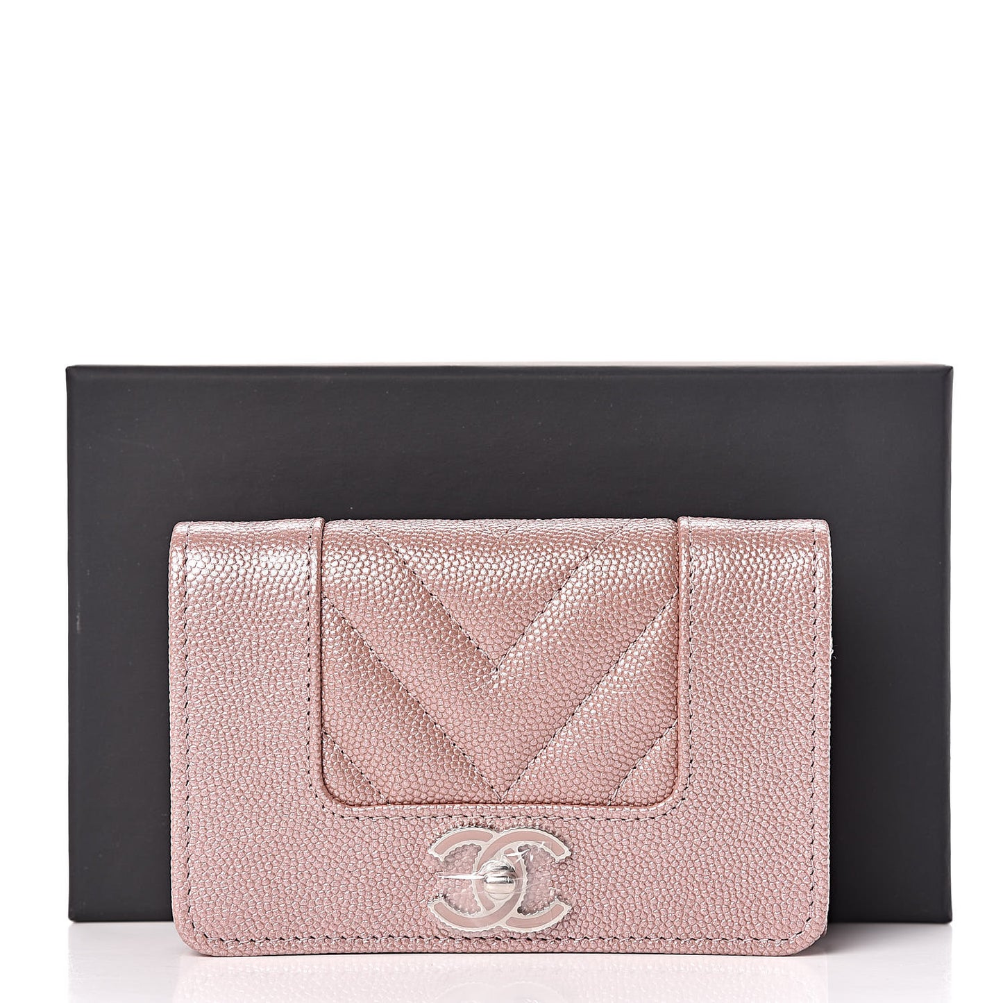 Metallic Caviar Chevron Quilted Vintage Mademoiselle Card Holder Pink