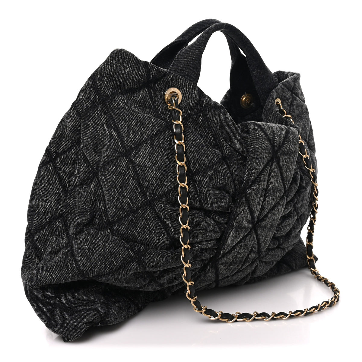 Washed Denim Quilted Maxi Bow Bag Black