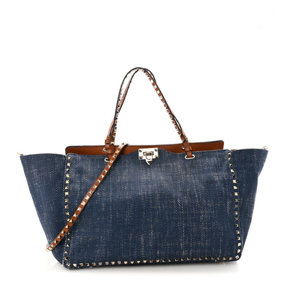 Valentino Garavani Denim Large Rockstud Tote Blue Brown 1 of 9
