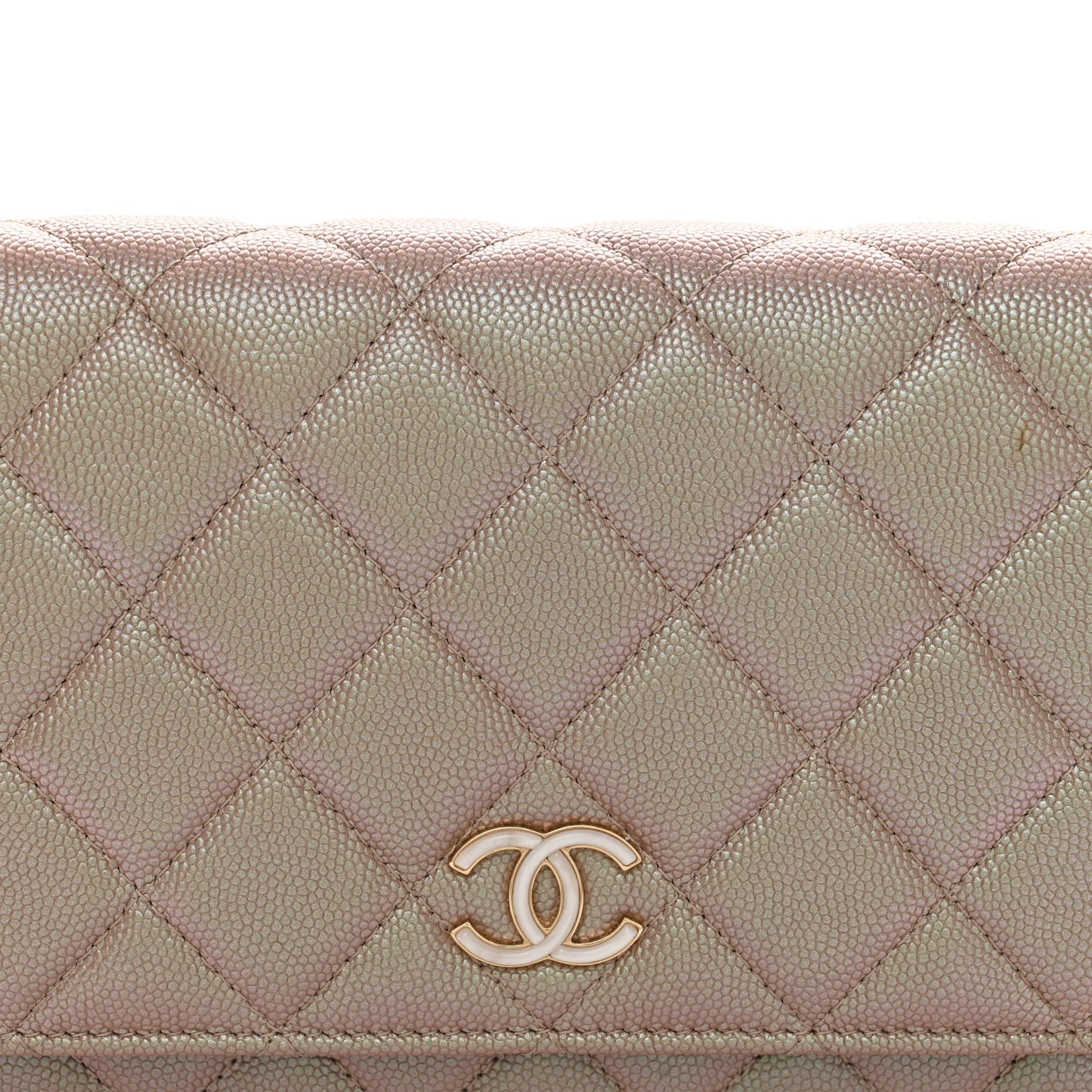 Iridescent Caviar Quilted Wallet On Chain WOC Beige