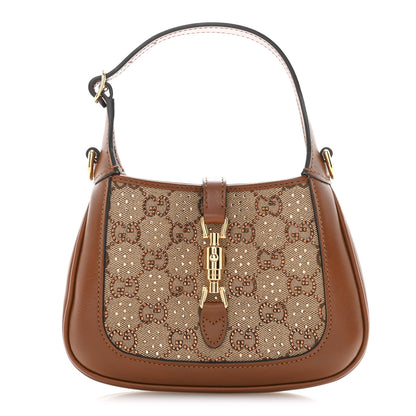 Gucci New Canvas Charisma Calfskin Crystal GG Monogram Mini Jackie 1961 Hobo Camel Ebony 1 of 11