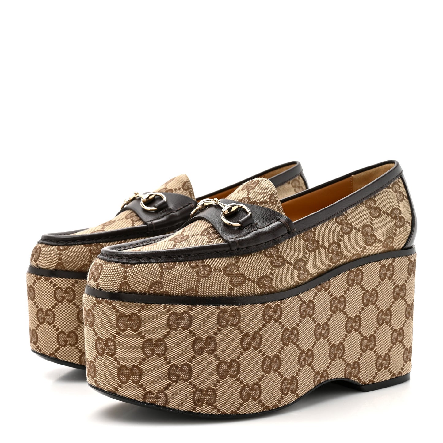Canvas GG Monogram Horsebit Calfskin Womens Horsebit Platform Loafers 37.5 Beige Ebony Cocoa