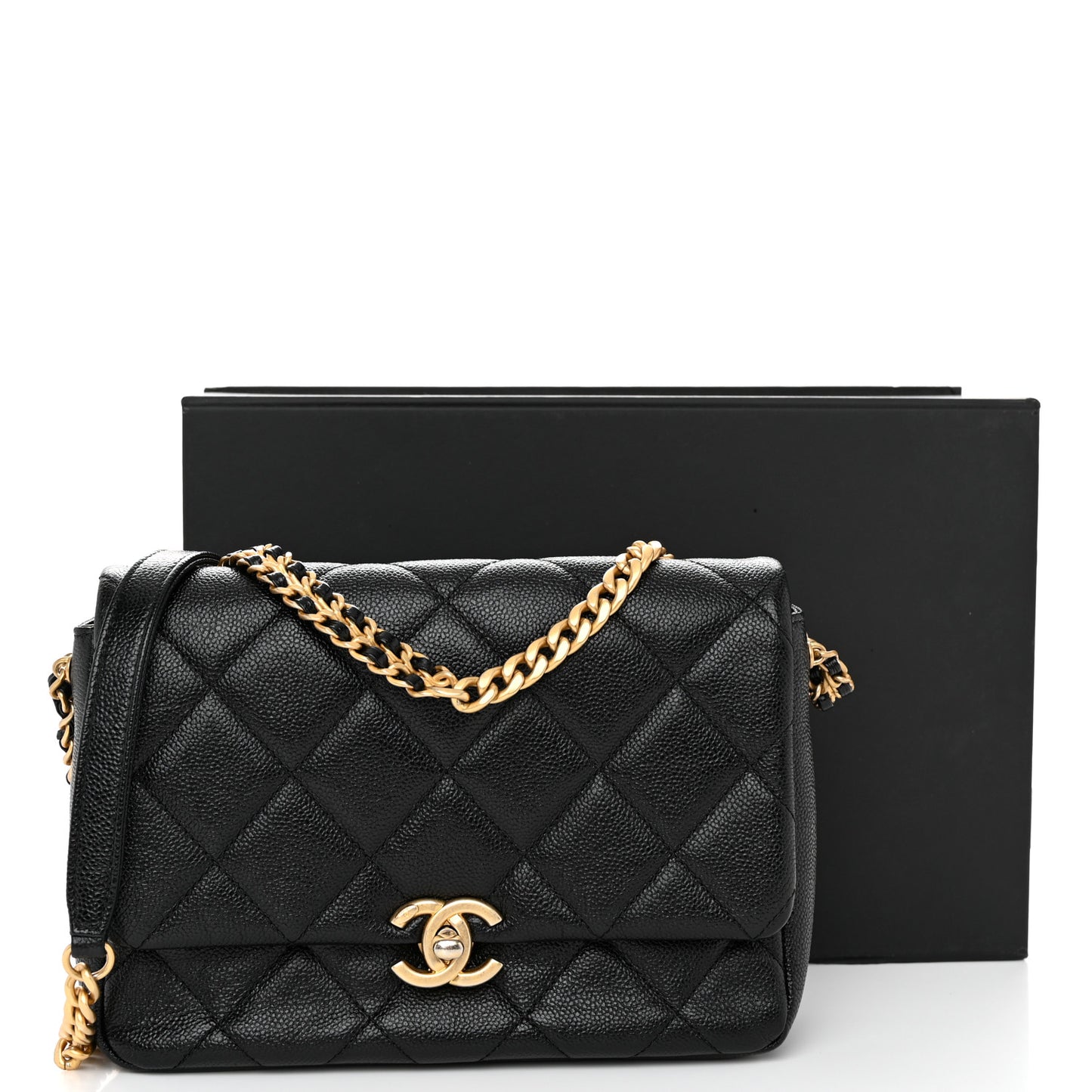 Shiny Caviar Quilted Small Chain Melody Flap Black