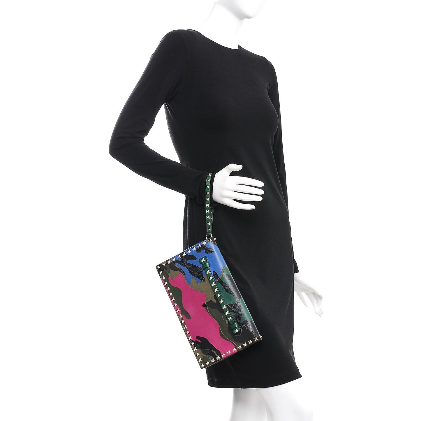 Nappa Canvas Camouflage Rockstud Wristlet Clutch Multicolor