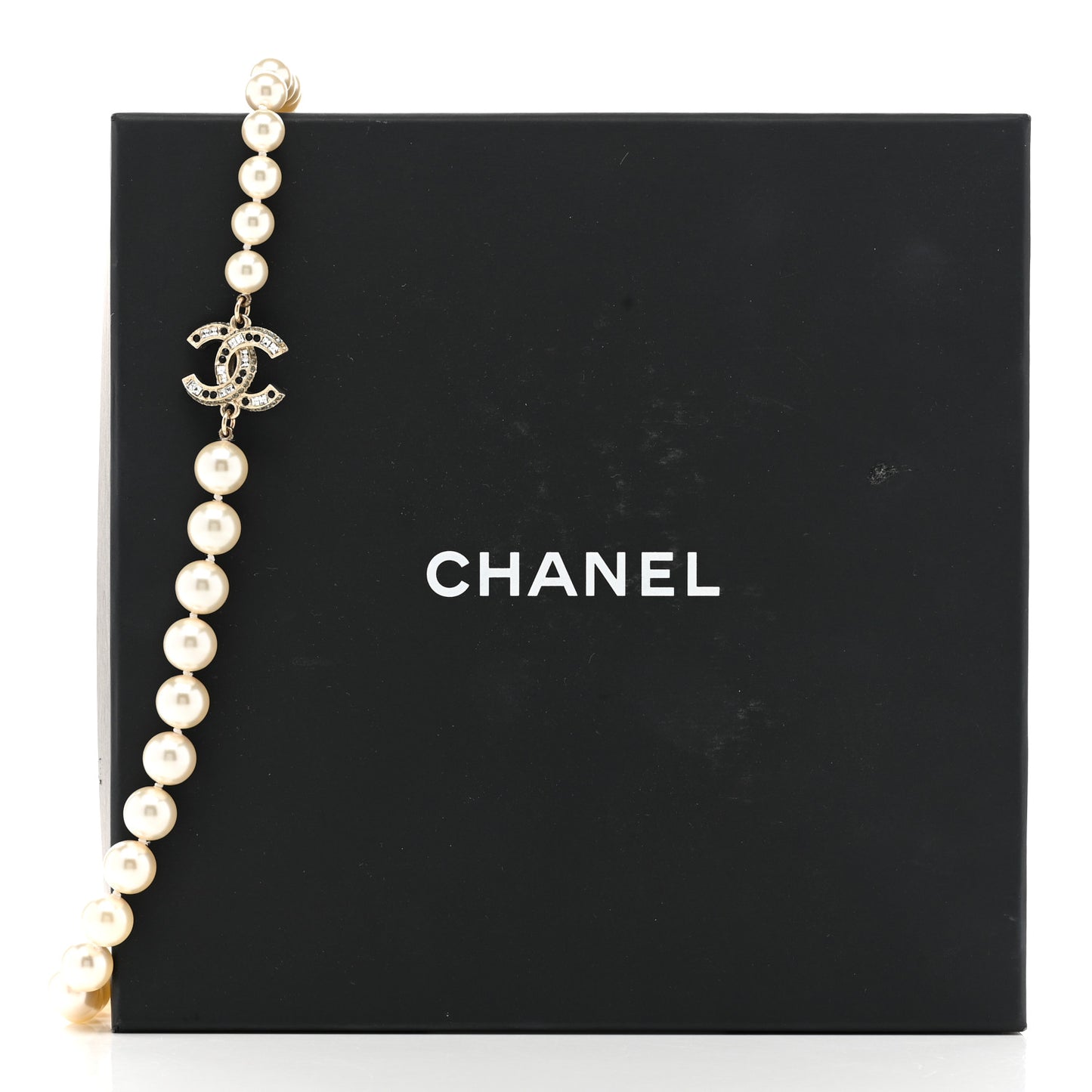 Pearl Baguette Crystal CC Long Necklace Silver