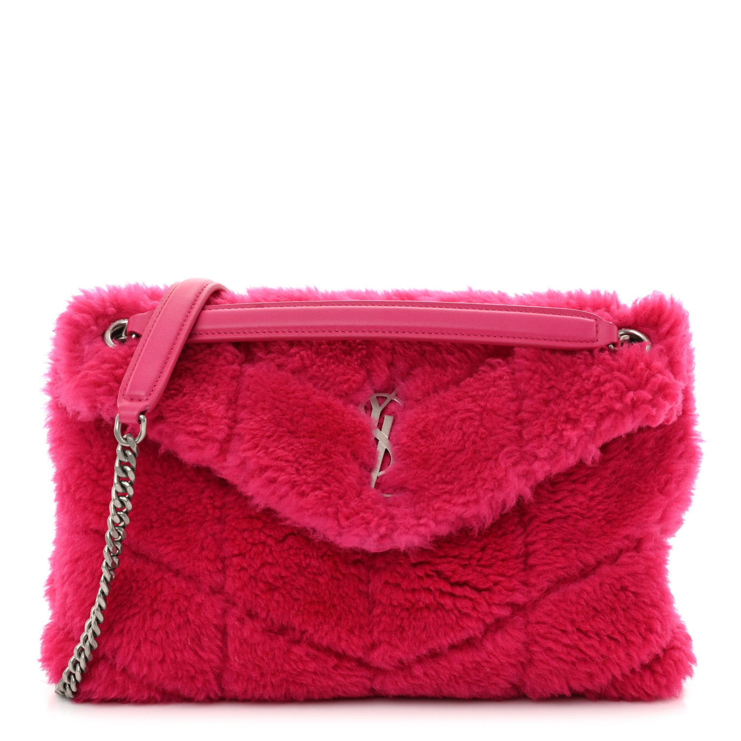 Saint Laurent Merino Shearling Lambskin Quilted Small Loulou Puffer Monogram Chain Satchel Fuchsia 1 of 11