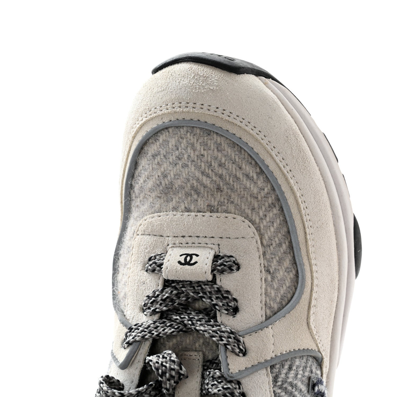 Chanel Fabric Suede Calfskin Womens CC Sneakers 36.5 Ivory Light Gray White 10 of 11