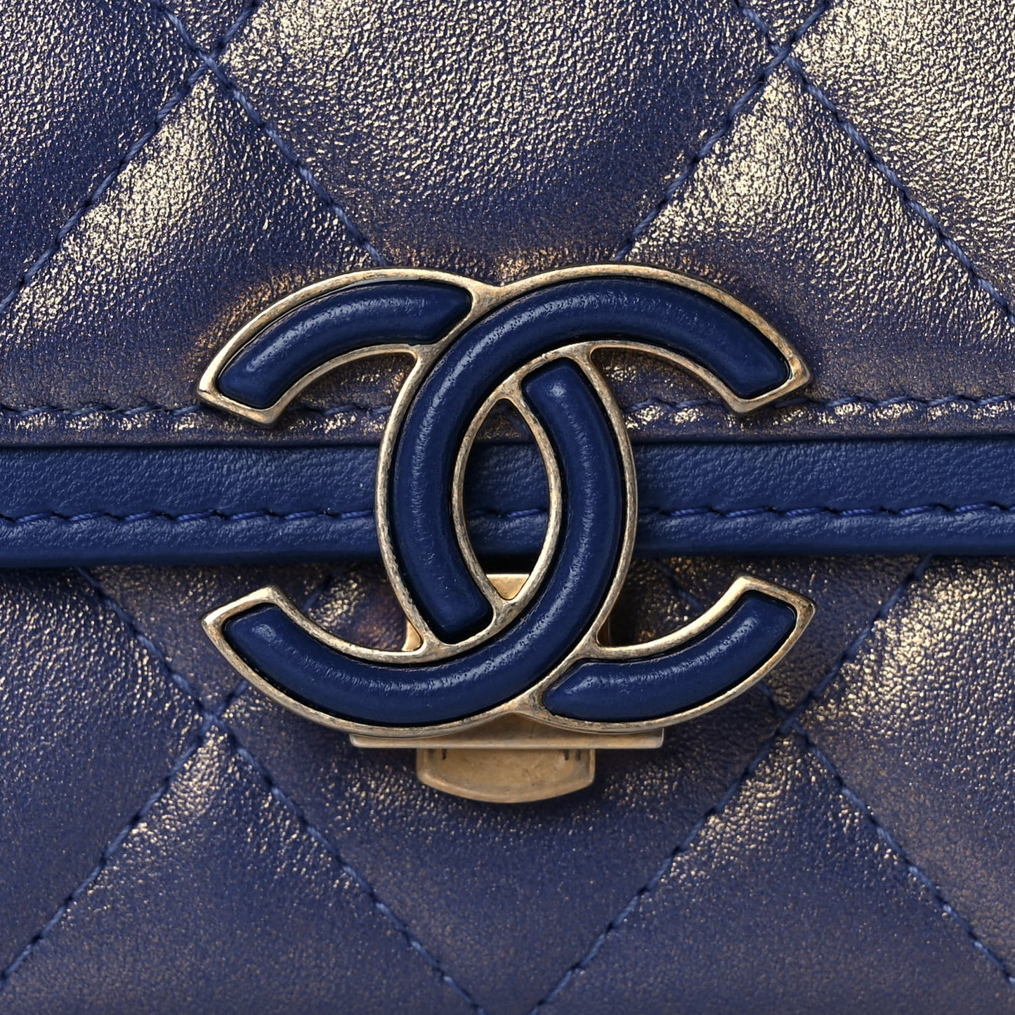 Metallic Calfskin Quilted CC Chic Flap Card Holder Blue