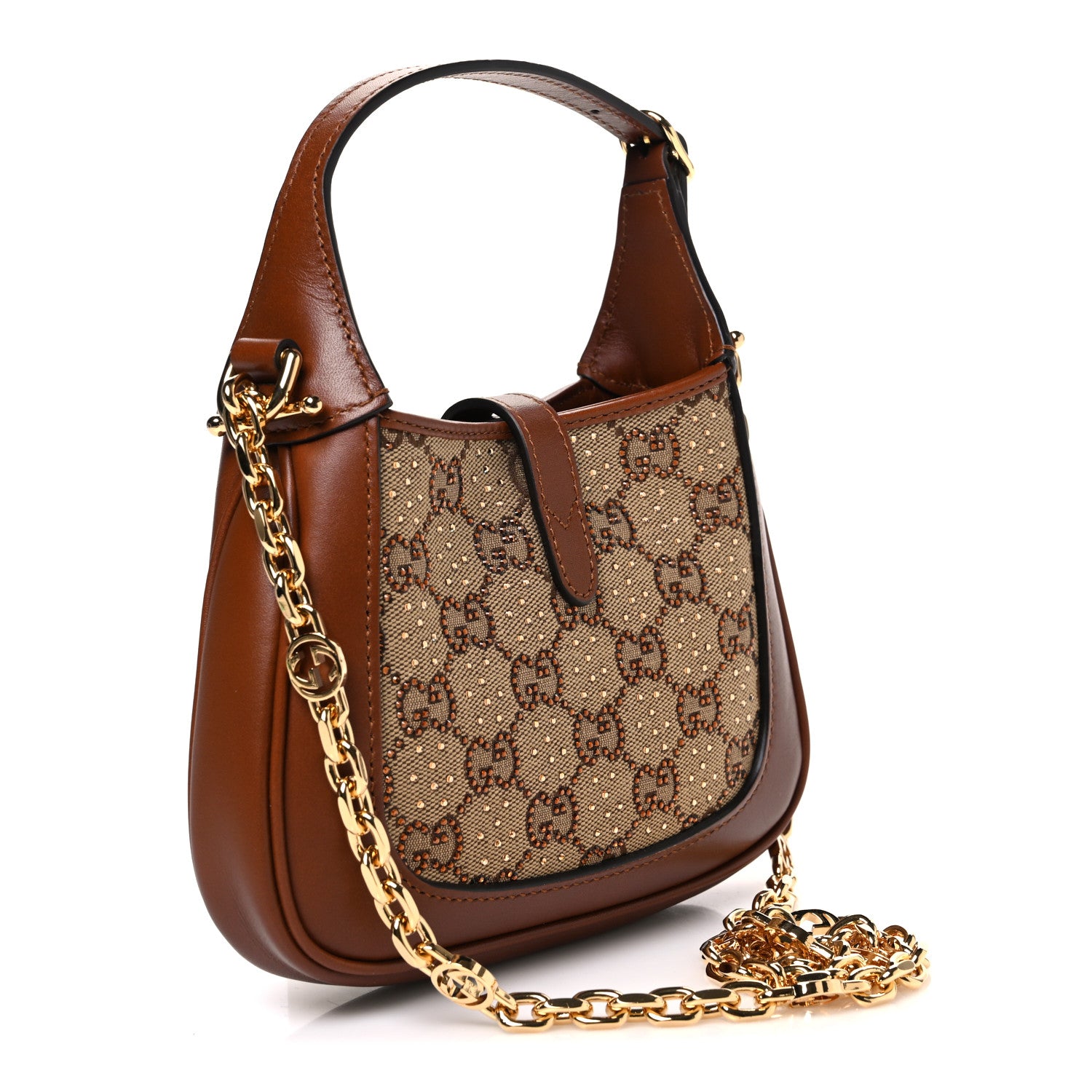 Gucci New Canvas Charisma Calfskin Crystal GG Monogram Mini Jackie 1961 Hobo Camel Ebony 2 of 9