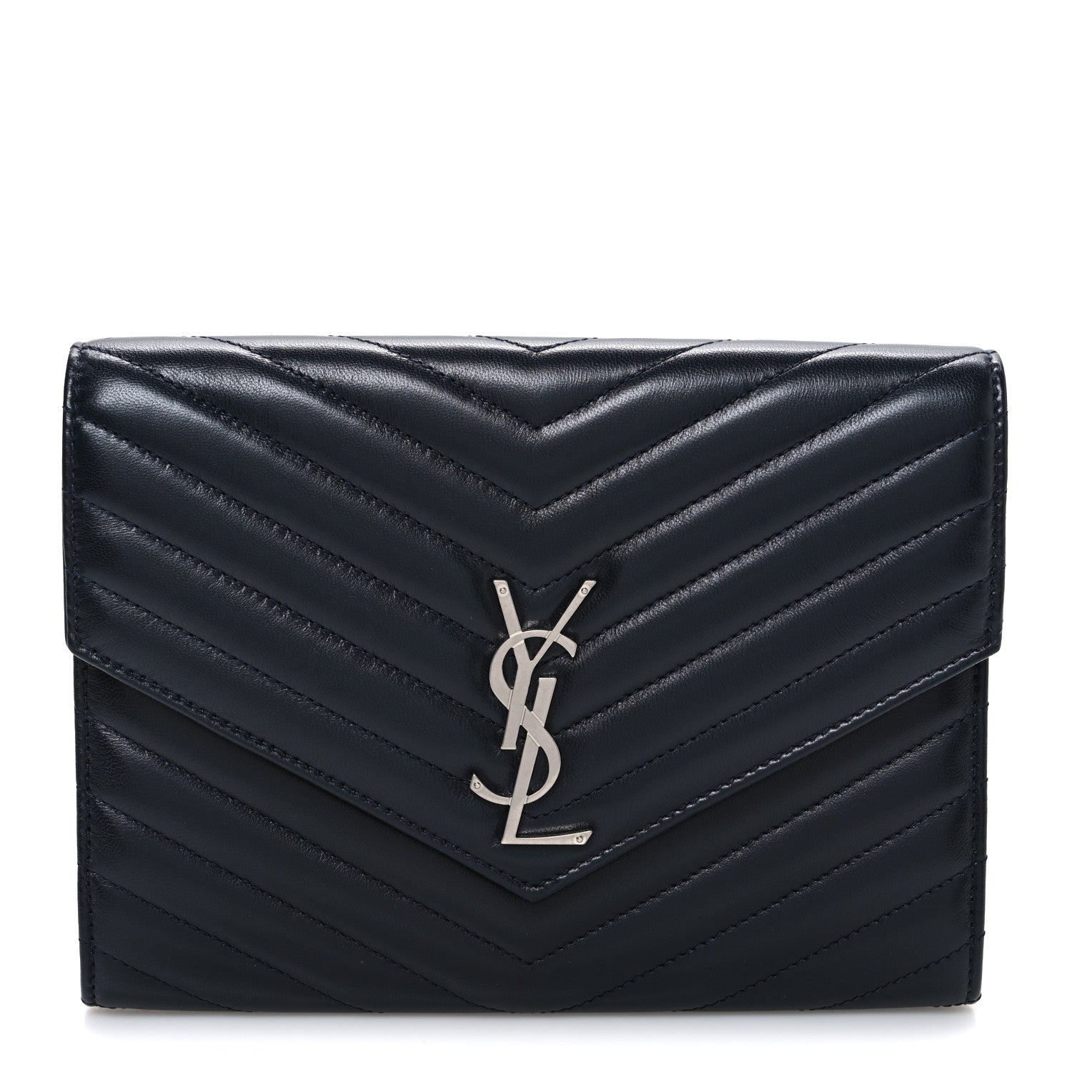 Saint Laurent Lambskin Matelasse Chevron Monogram Cassandre Flap Pouch Navy 1 of 8