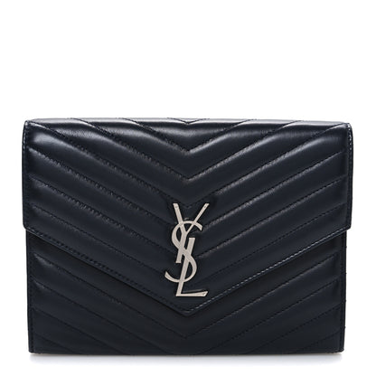 Saint Laurent Lambskin Matelasse Chevron Monogram Cassandre Flap Pouch Navy 1 of 8