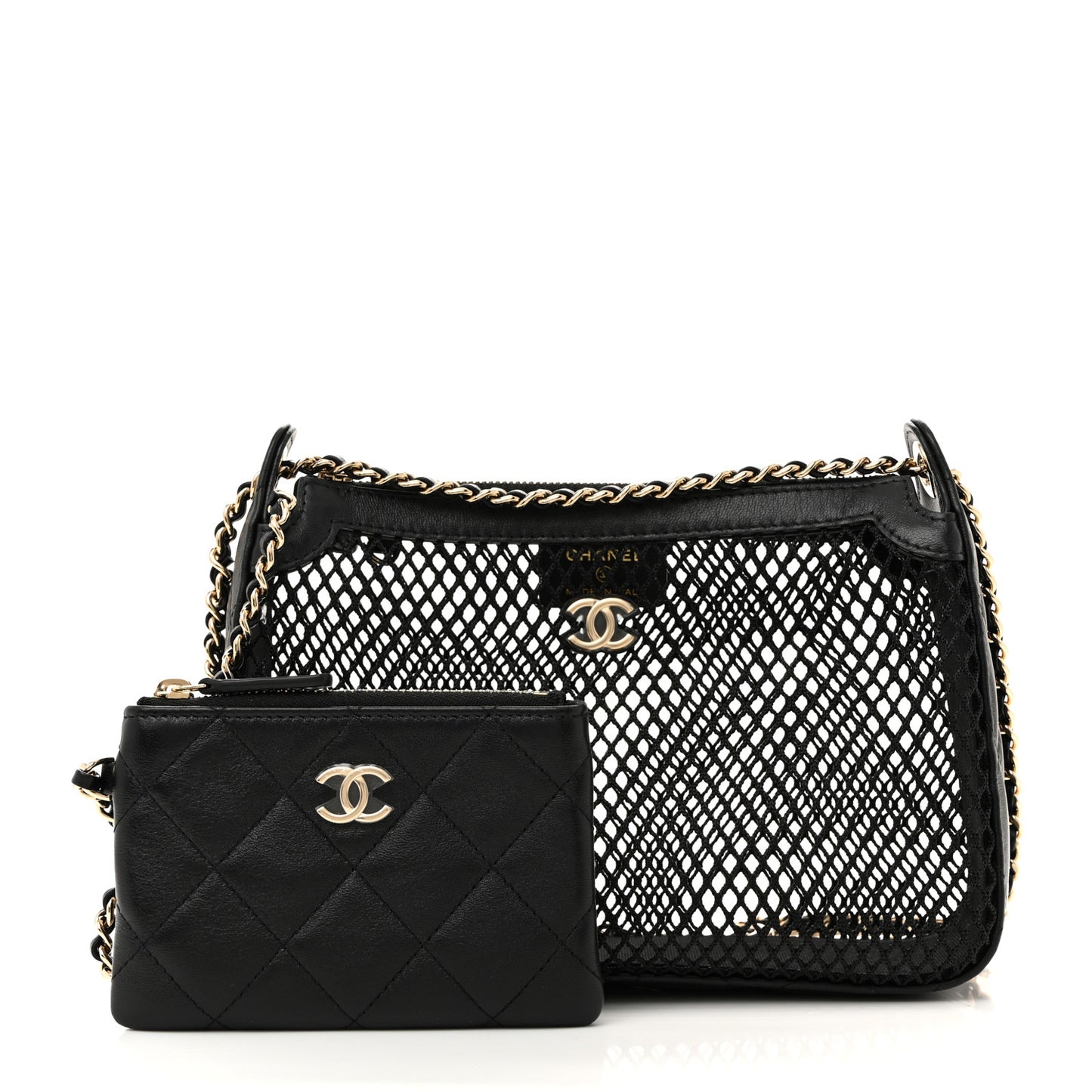 Mesh Shiny Lambskin Clutch With Chain Black