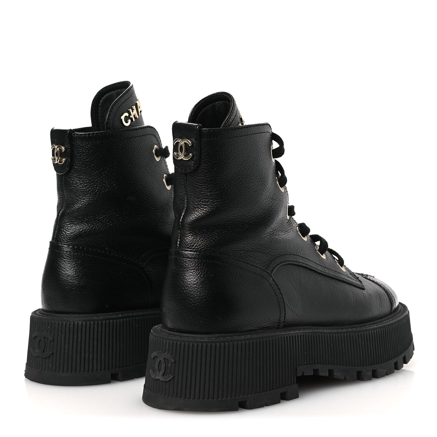 Grained Calfskin Shiny Calfskin CC Lace Up Combat Boots 37.5 Black