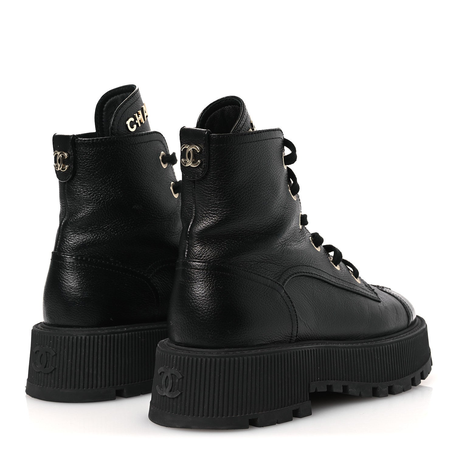 Chanel Grained Calfskin Shiny Calfskin CC Lace Up Combat Boots 37.5 Black 5 of 13