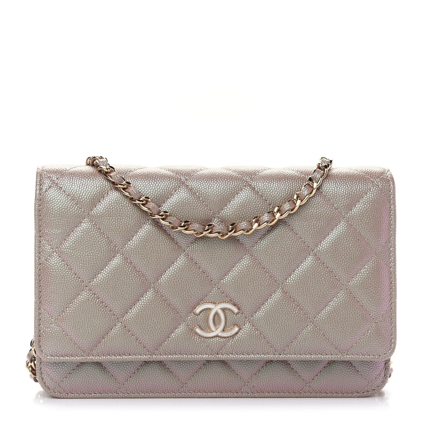 Iridescent Caviar Quilted Wallet On Chain WOC Beige