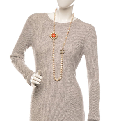 Chanel Pearl Crystal Gripoix CC Long Necklace Gold Pearly White Orange 2 of 5