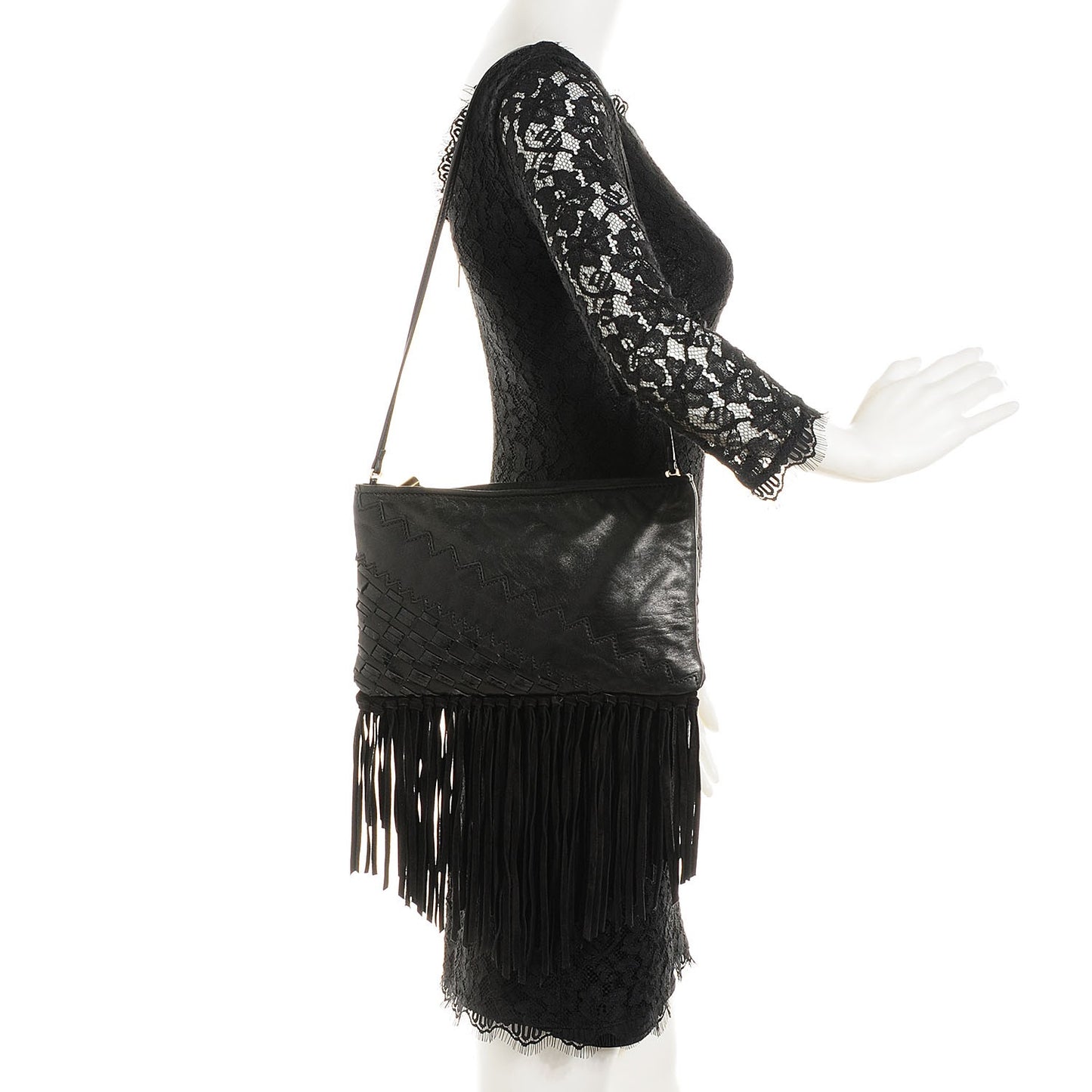 Leather Snakeskin Suede Fringe Tita Convertible Clutch Black
