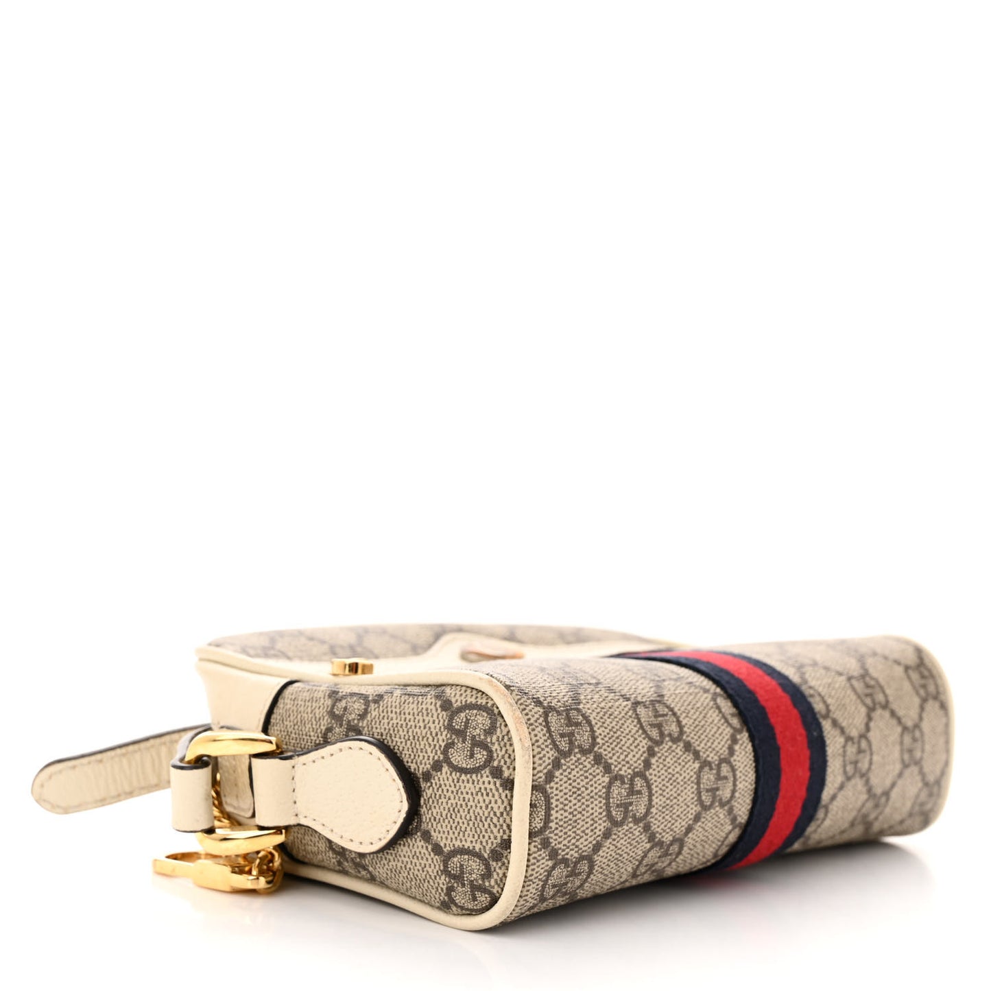 GG Supreme Monogram Textured Calfskin Web Mini Ophidia Shoulder Bag Beige Ebony Mystic White
