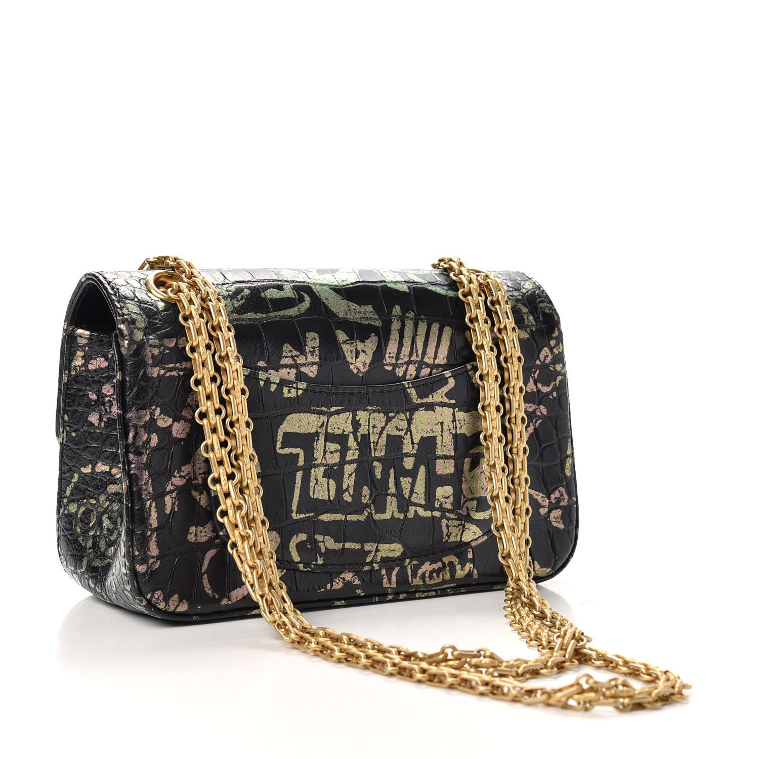 Chanel Calfskin Crocodile Embossed Graffiti 2.55 Mini Cocodile Reissue Flap Black Pink 3 of 10