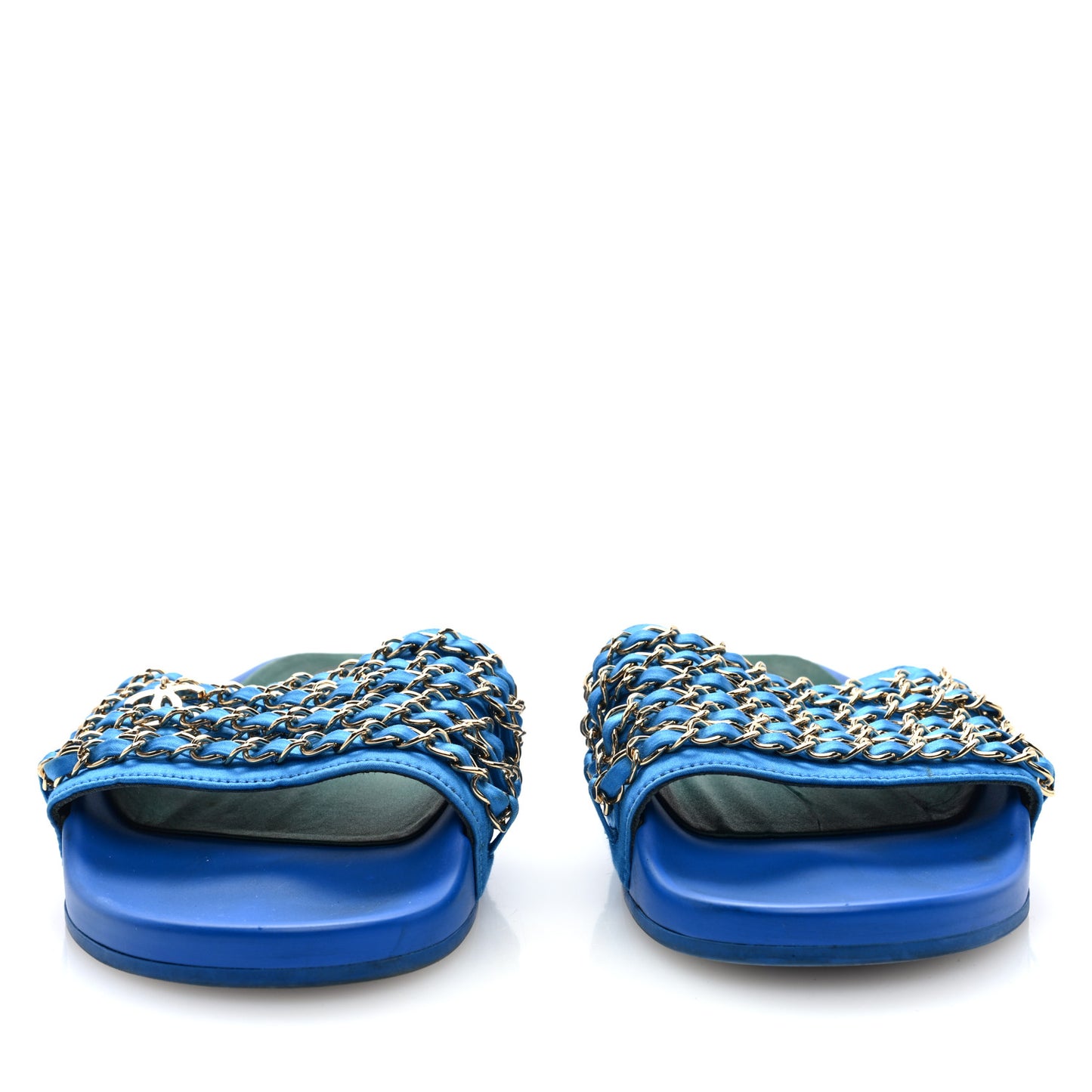 Satin Canvas Chain Slides Sandals Flats 40 Blue