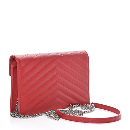 Saint Laurent Grain De Poudre Matelasse Chevron Monogram Envelope Chain Wallet New Red 3 of 9