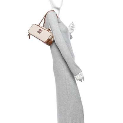 Miu Miu Canvas Calfskin Small Beau Top Handle Bag Naturale Brandy 2 of 9
