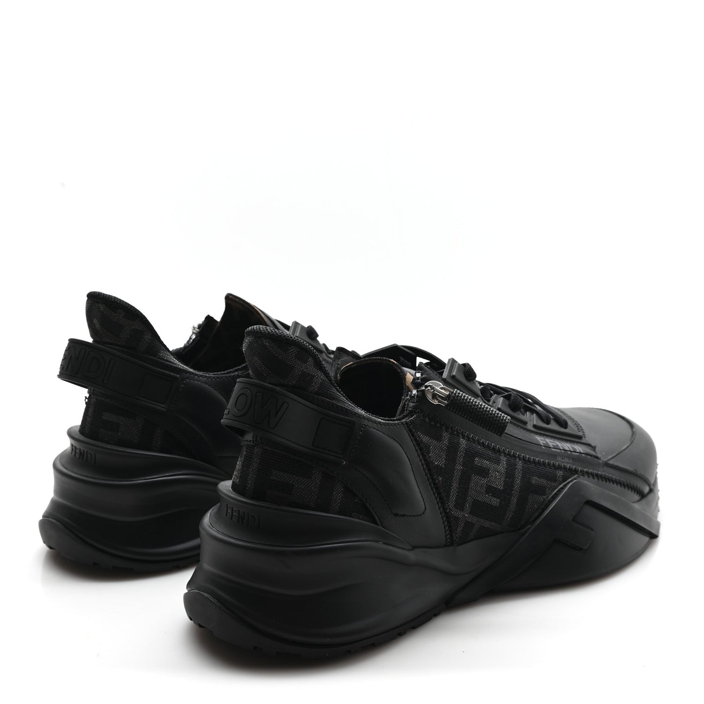 Calfskin Nylon Lycra Mens Fendi Flow Low Top Sneakers 11 Black Grigio Tabacco