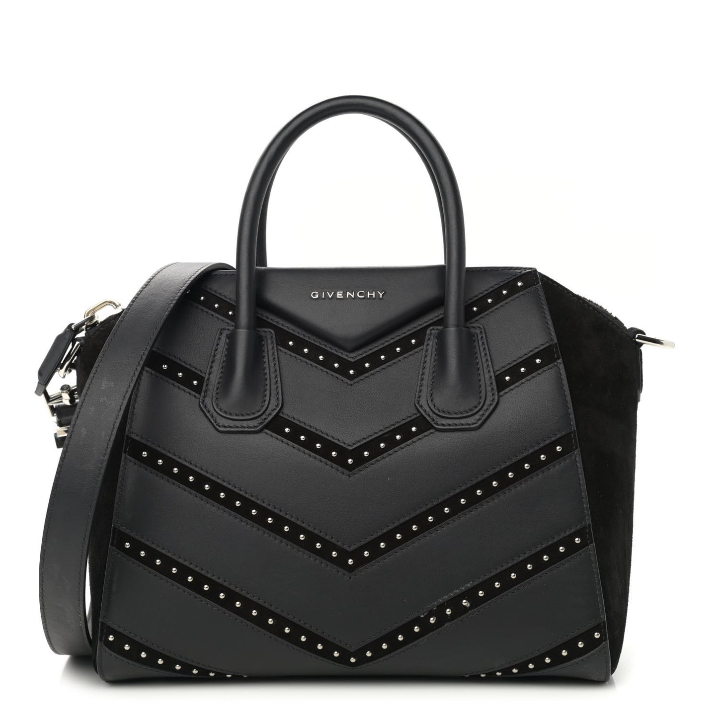 Calfskin Suede Small Studded Chevron Antigona Black