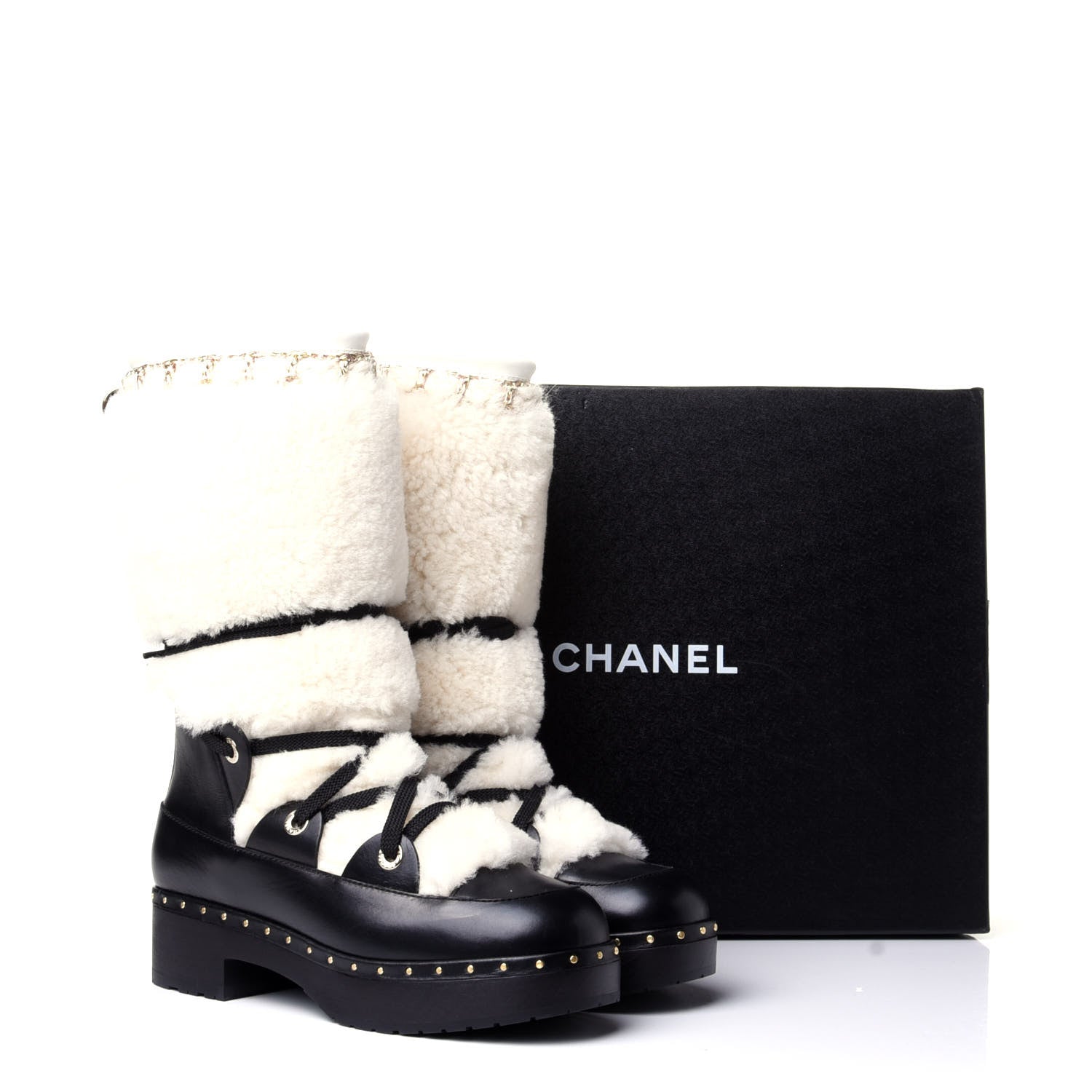 Chanel Shearling Chain Studded CC High Boot 37 Black 11 of 11