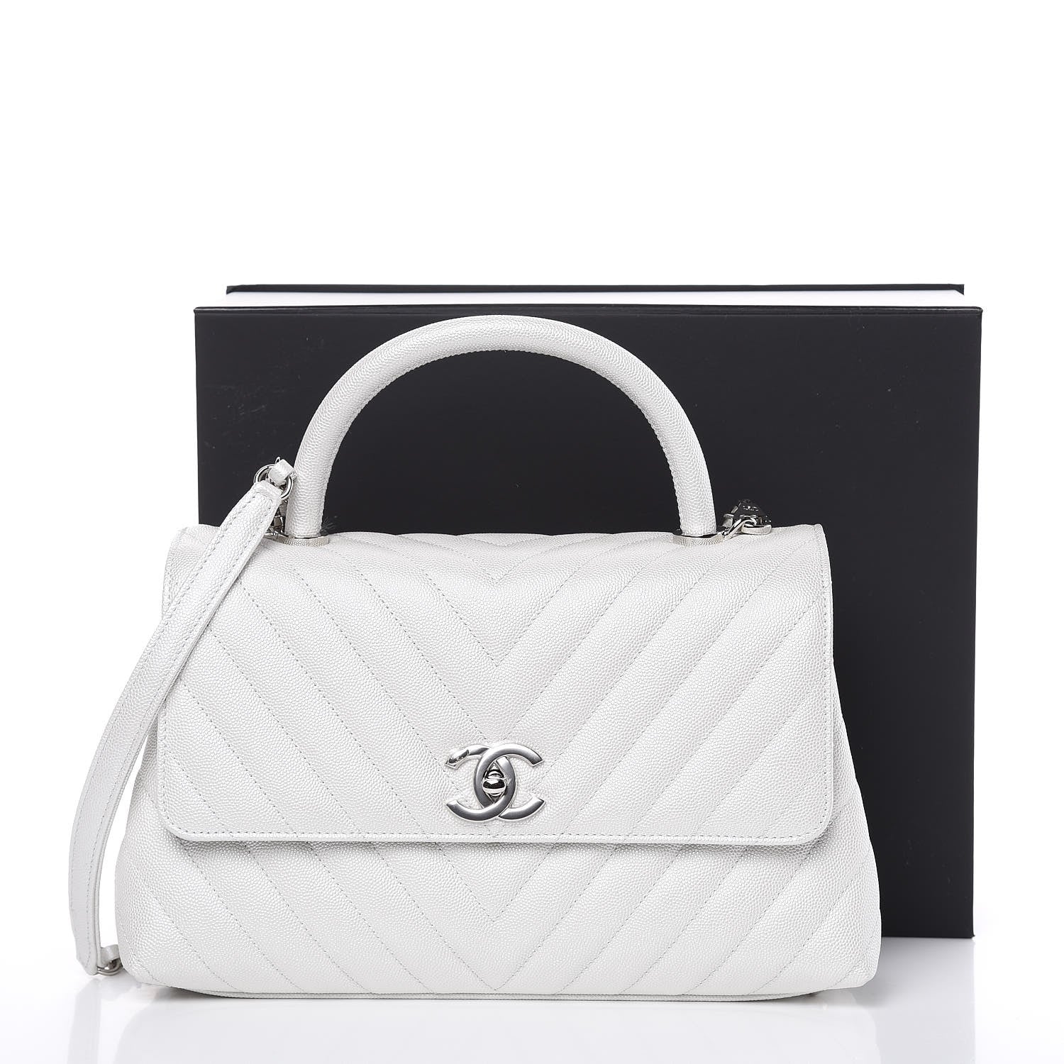 Chanel Iridescent Caviar Chevron Quilted Small Coco Handle Flap White 11 of 11