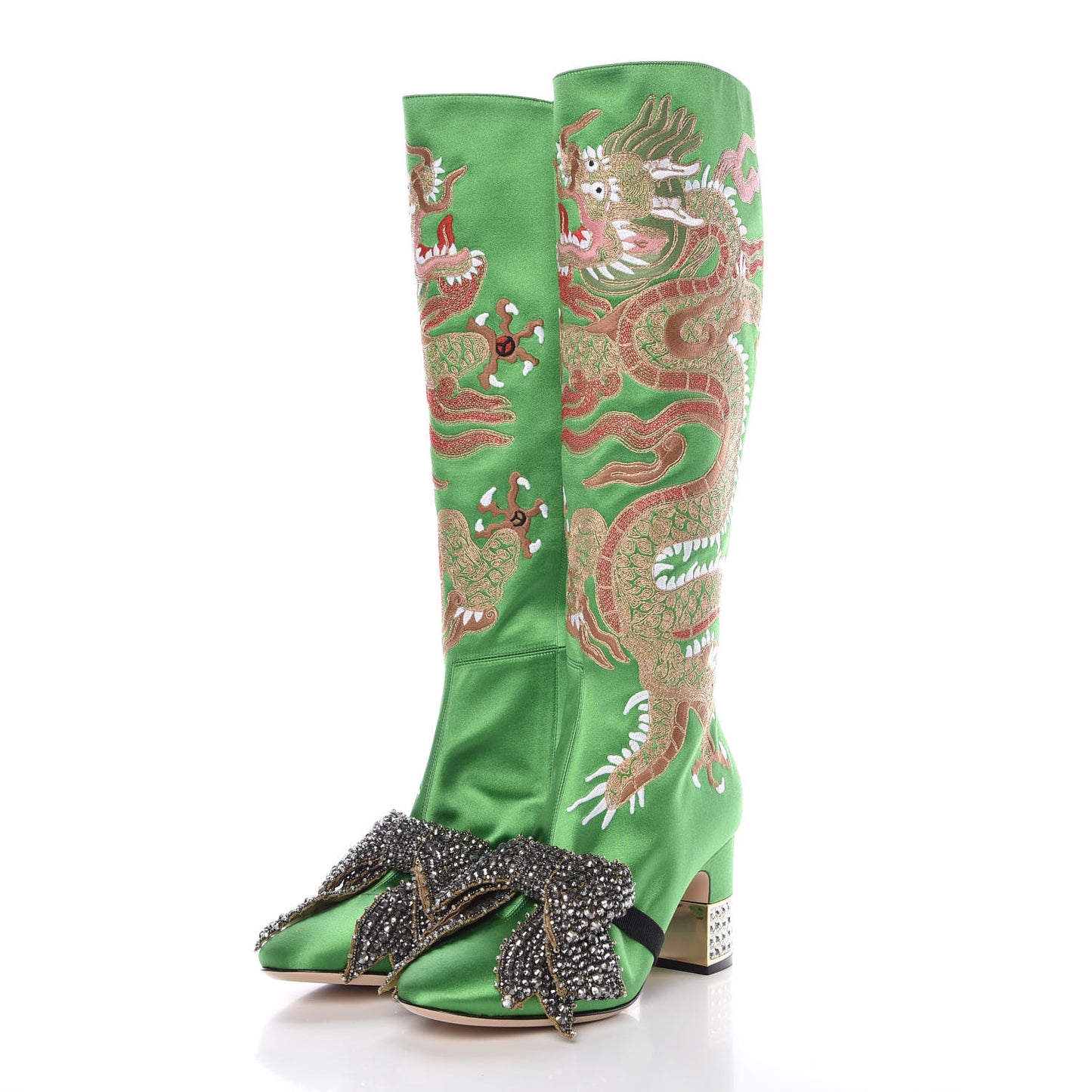 Silk Satin Malaga Kid Embroidered Candy Dragon Block-Heel Knee Boot 37 Palm