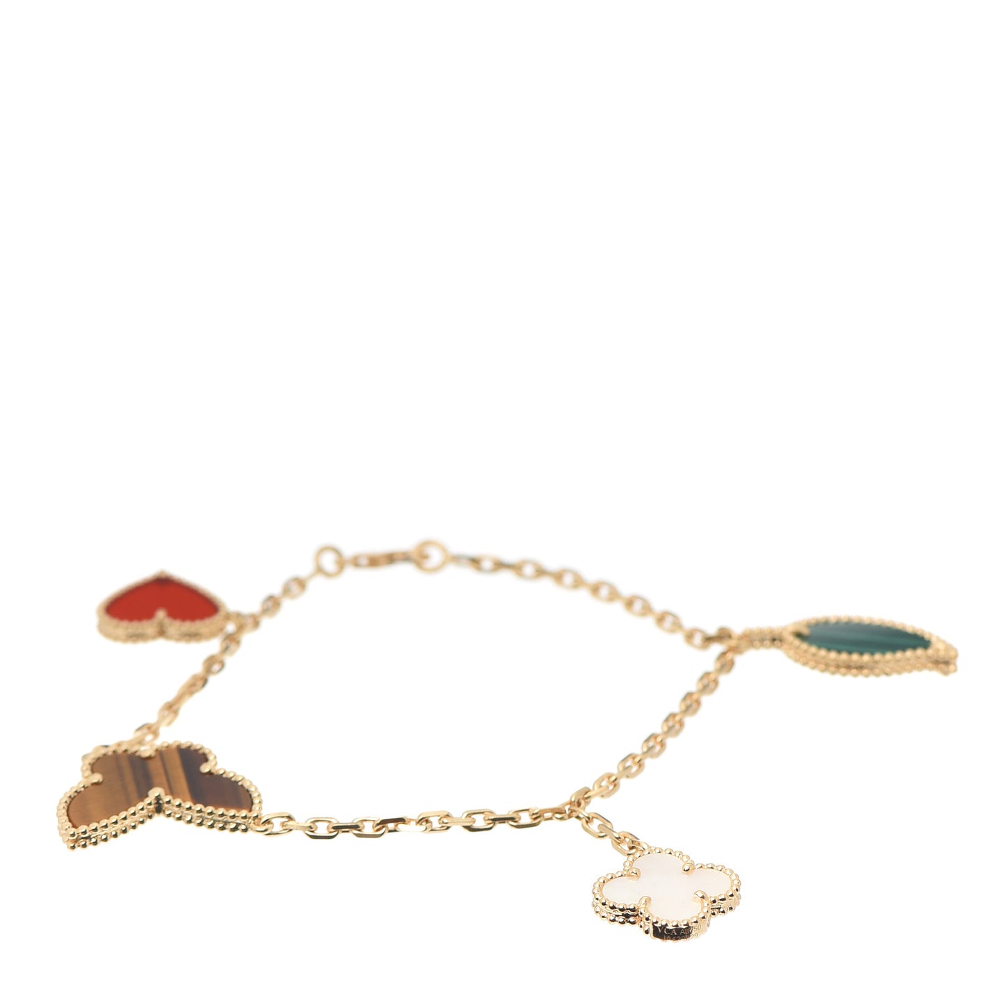 18K Yellow Gold Mother of Pearl Malachite Carnelian Tiger Eye 4 Motifs Lucky Alhambra Bracelet