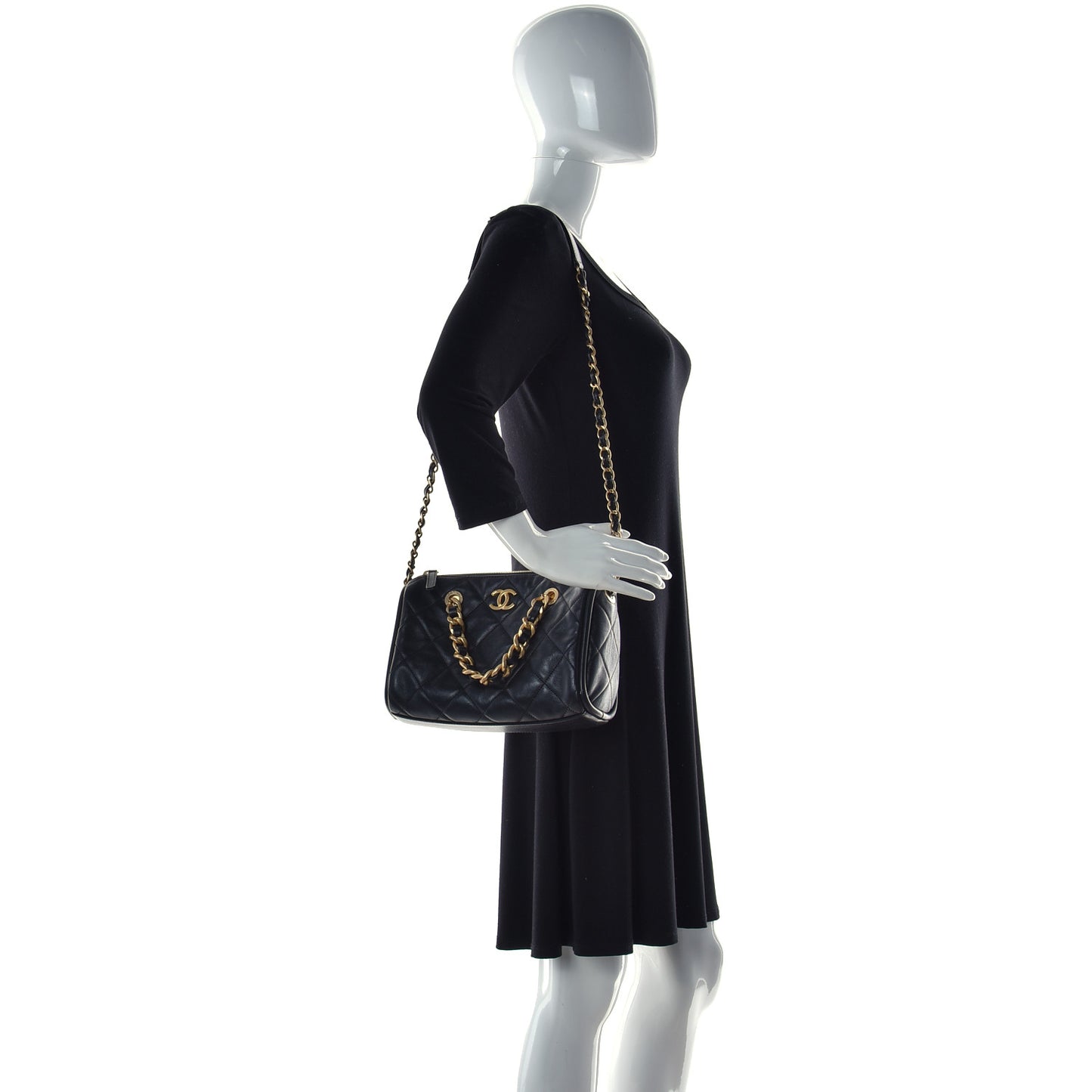 Shiny Lambskin Quilted Fashion Therapy Bowling Bag Black