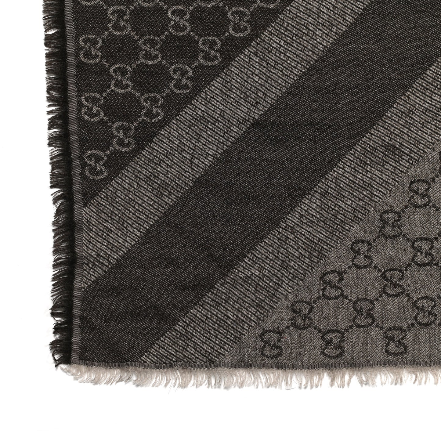 Wool Silk Monogram GGWeb Fringe Shawl Black Medium Grey