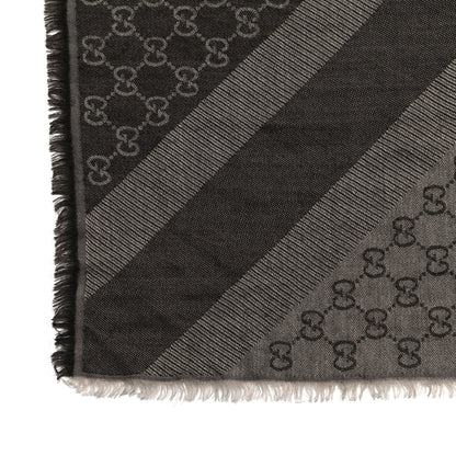 Gucci Wool Silk Monogram GGWeb Fringe Shawl Black Medium Grey 2 of 6