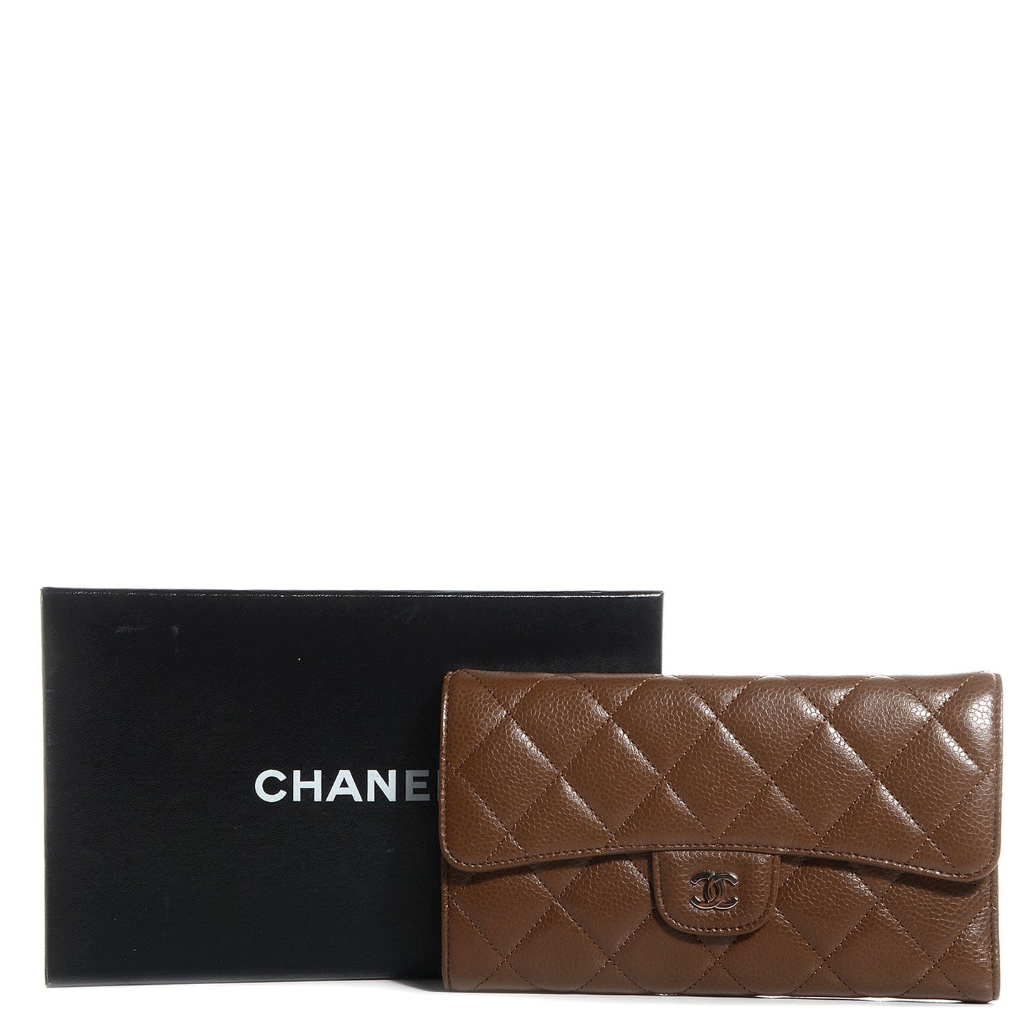 Caviar Quilted Large Flap Wallet Brown