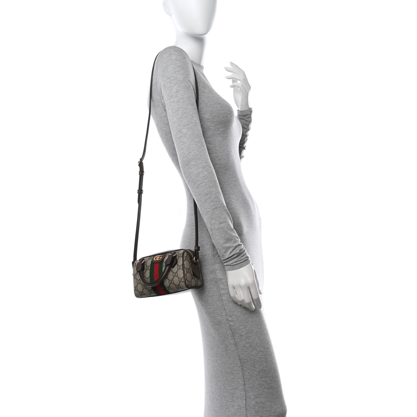 GG Supreme Monogram Textured Dollar Calfskin Web Super Mini Ophidia Top Handle Bowler Bag Beige Ebony New Acero