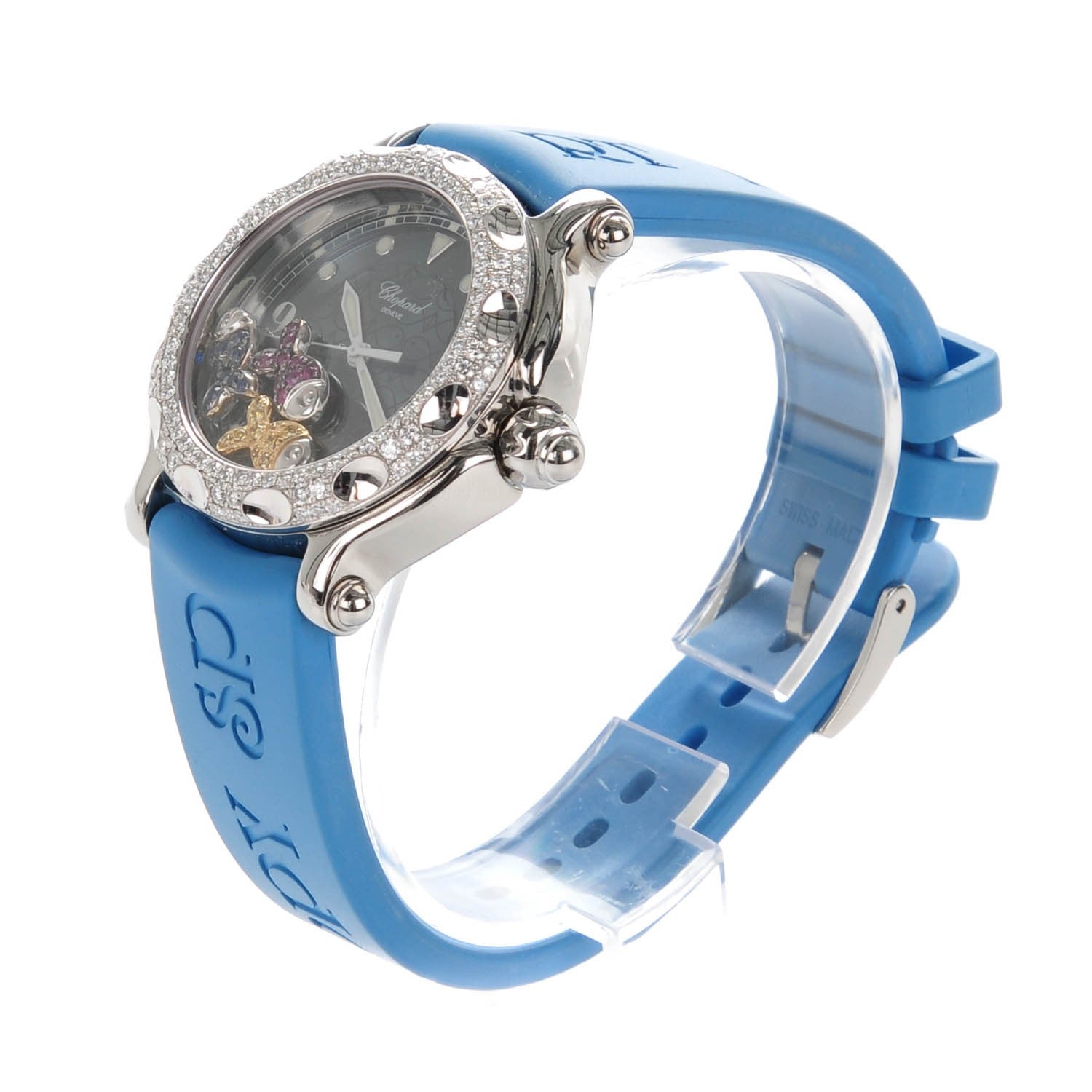 Chopard Stainless Steel Rubber Diamond Bezel Ruby Yellow Blue Sapphire 39mm Happy Sport Fish Quartz Watch Blue 3 of 8