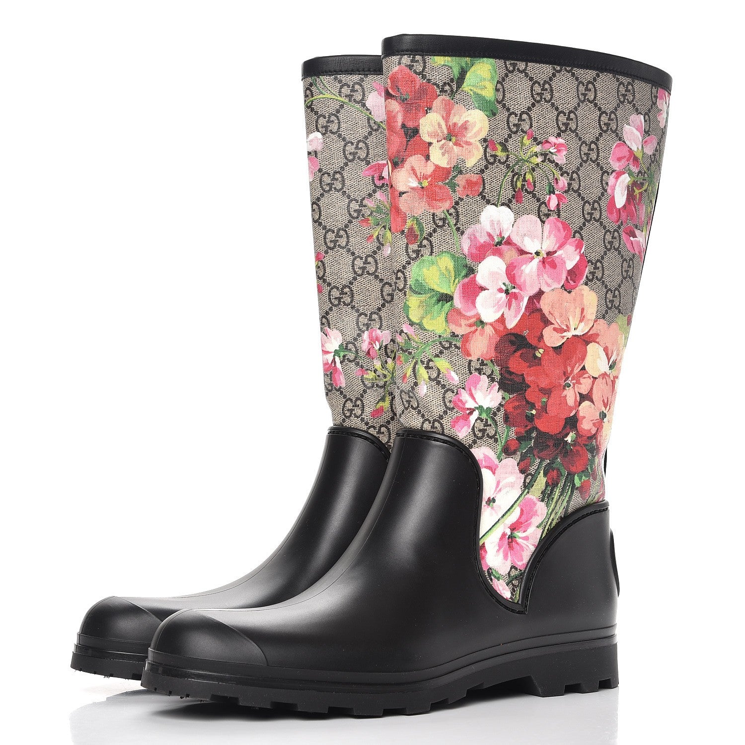 Gucci GG Supreme Monogram Blooms Flat Rubber Boots 40 Beige Multicolor 3 of 9