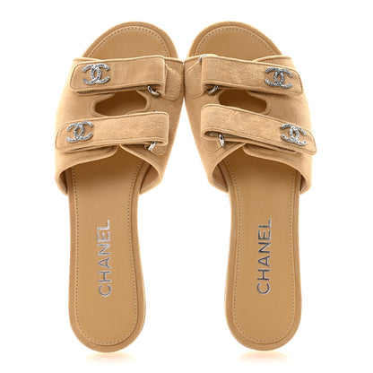 Chanel Suede Kidskin Velcro Mules 38 Beige 2 of 9