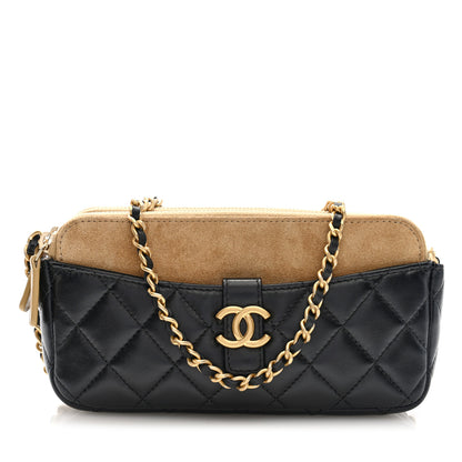 Chanel Suede Shiny Lambskin Quilted Phone Holder With Chain Black Beige 1 of 12