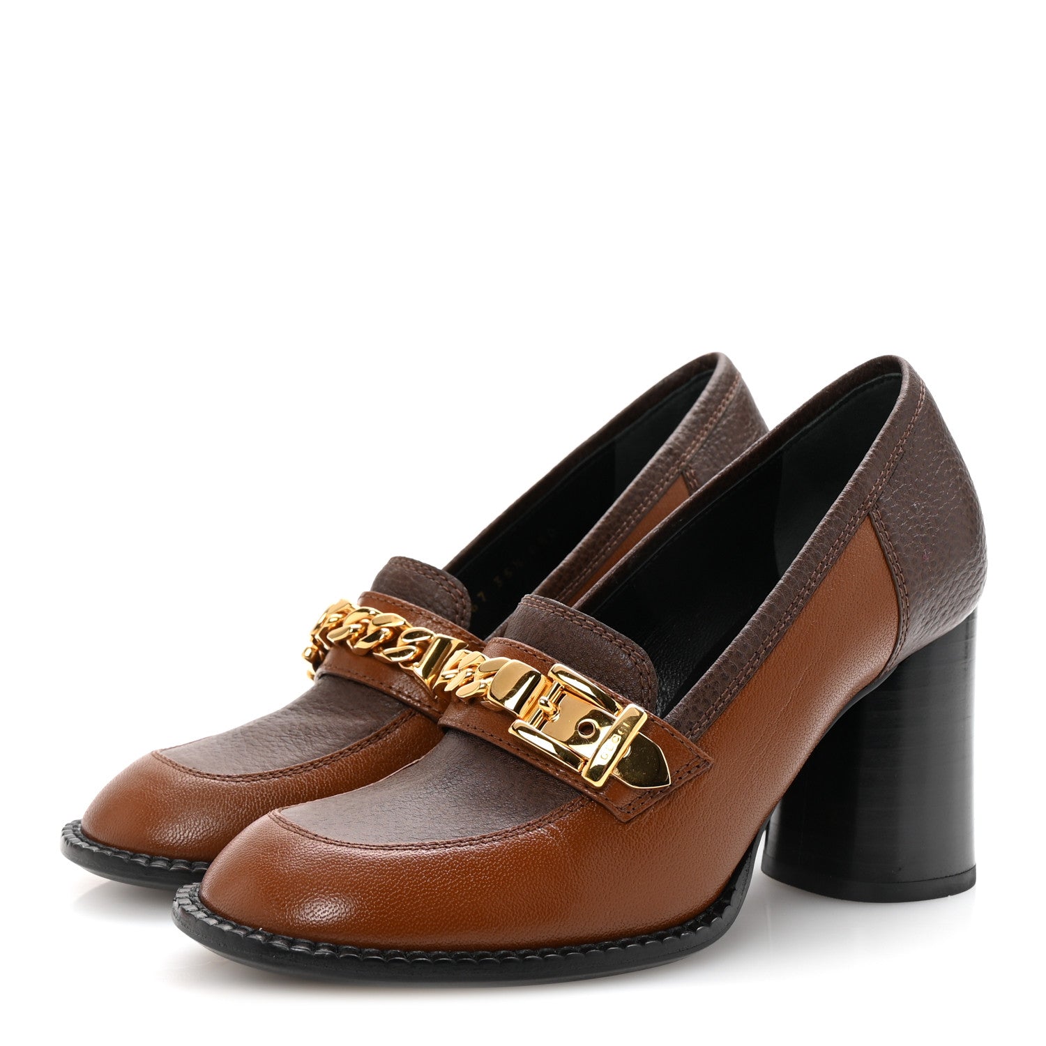 Gucci Goatskin Pebbled Calfskin Sylvie Chain Mid Heel Loafers 35.5 Brown 4 of 10