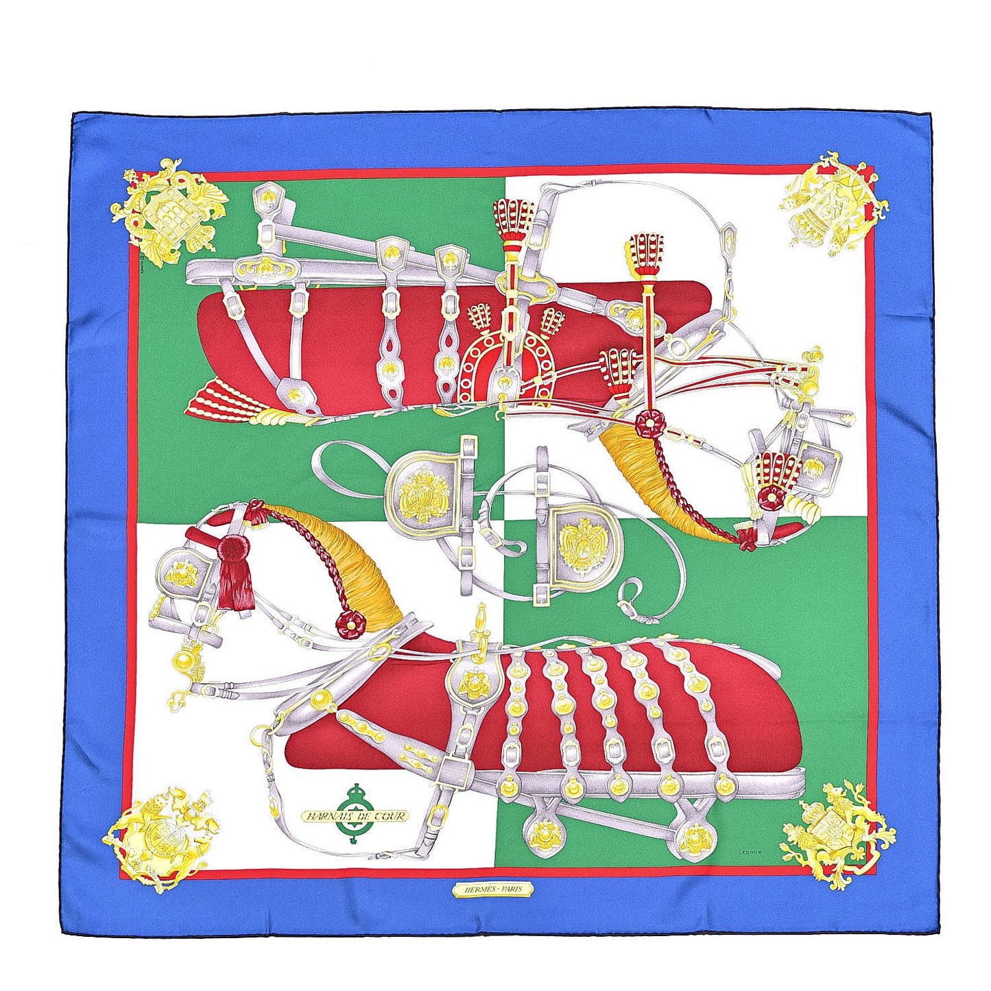 Silk Harnais De Cour Scarf 90 Bleu Vert Bordeaux