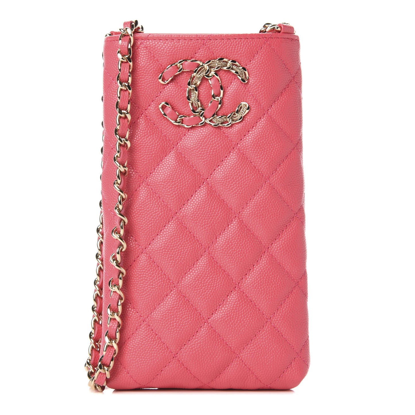 Caviar Quilted French New Wave Phone Holder With Chain Pink