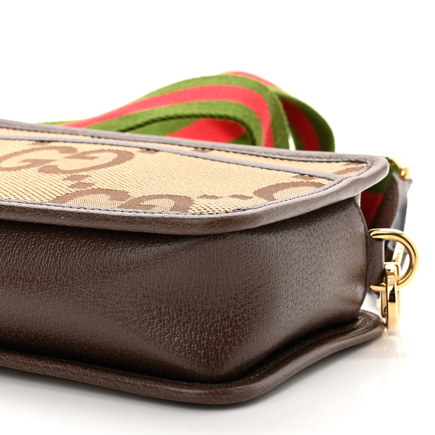 Gucci Monogram Jumbo GG Textured Dollar Calfskin Web Mini Crossbody Bag Camel Ebony New Acero 10 of 13